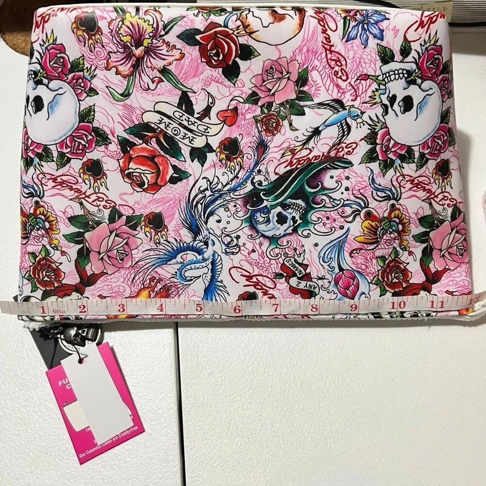 NWT Y2K Ed Hardy Tattoo Graphic Print Canvas White Pink Skull Floral Flame